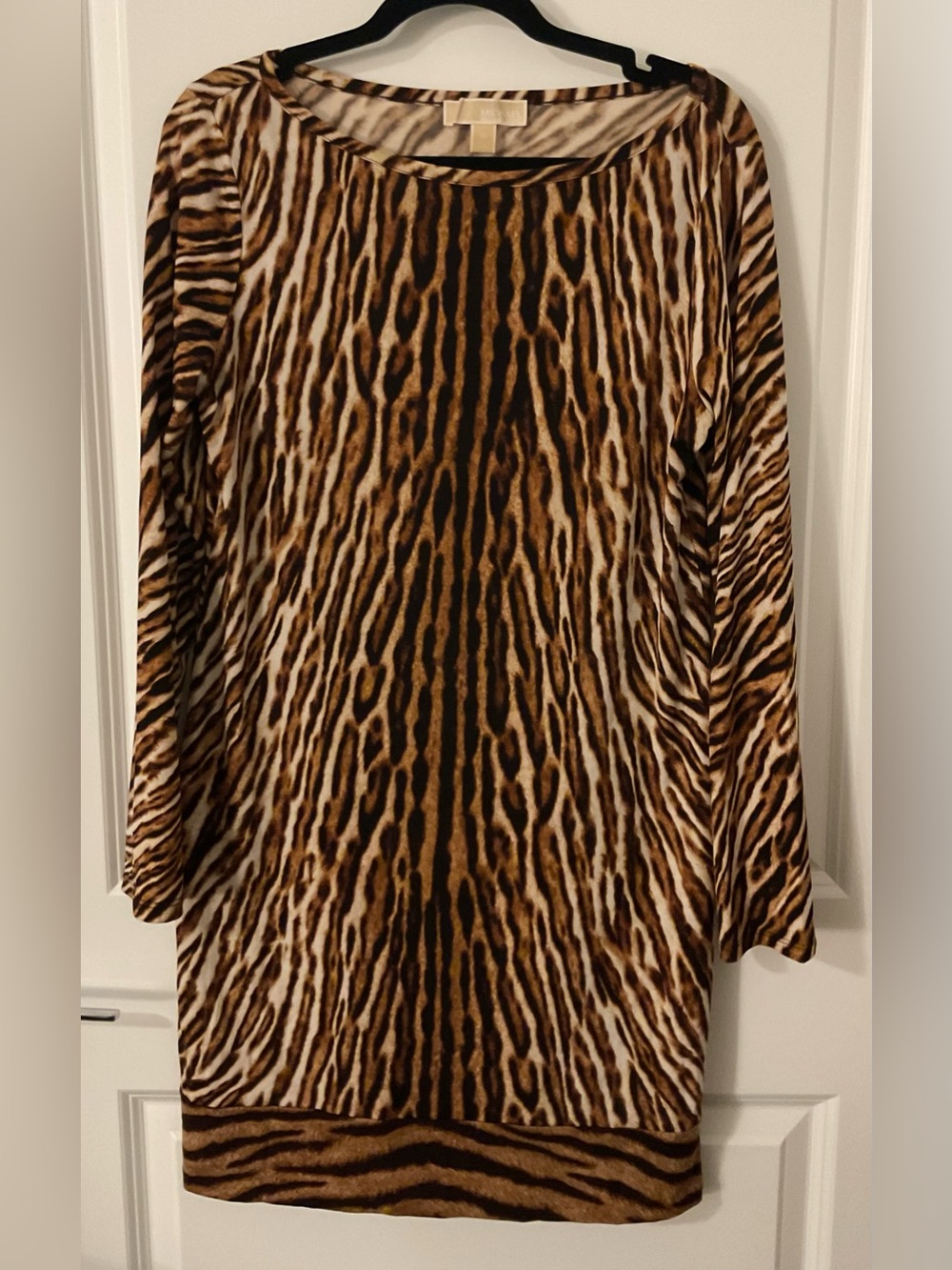 MICHAEL Michael Kors Animal Print Long Sleeve Boatneck Knit Sheath Dress EUC